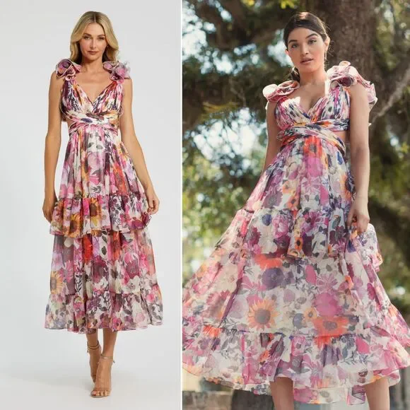 Mac Duggal | Dresses | Mac Duggal Ieena New Ruffle Tiered Cutout Laceup Floral  Chiffon Dress Size 4 | Poshmark